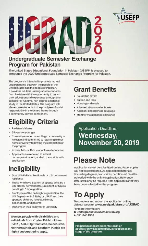 Undergraduate Semester Exchange Program for Pakistan UGRAD – The United States Educational Foundation in Pakistan Jobs 2019 — original advertisement