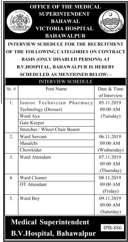 Interview Schedule Bahawal Victoria Hospital Bahwalpur – Bahawal Victoria Hospital, Bahawalpur Jobs 2019 — original advertisement