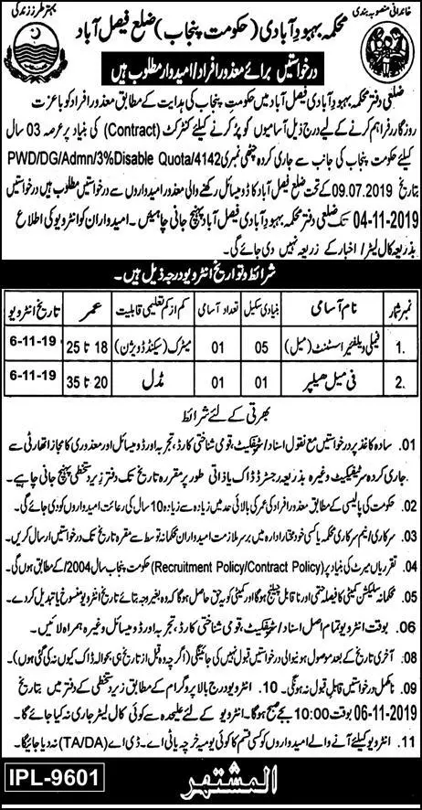 Jobs Population Welfare Department Faisalabad – Population Welfare Department Punjab Jobs 2019 — original advertisement