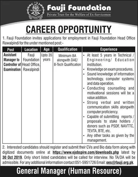 Jobs Fauji Foundation Rawalpindi Jobs 2019 — original advertisement