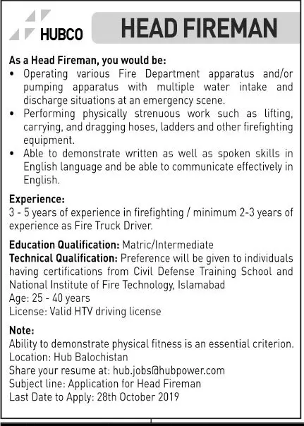 Jobs Hubco Power Company – The Hub Power Company Jobs 2019 — original advertisement