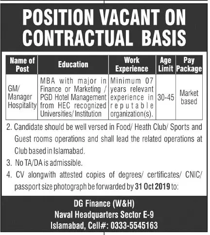 Jobs Pakistan Navy Head Quarter Islamabad Jobs 2019 — original advertisement