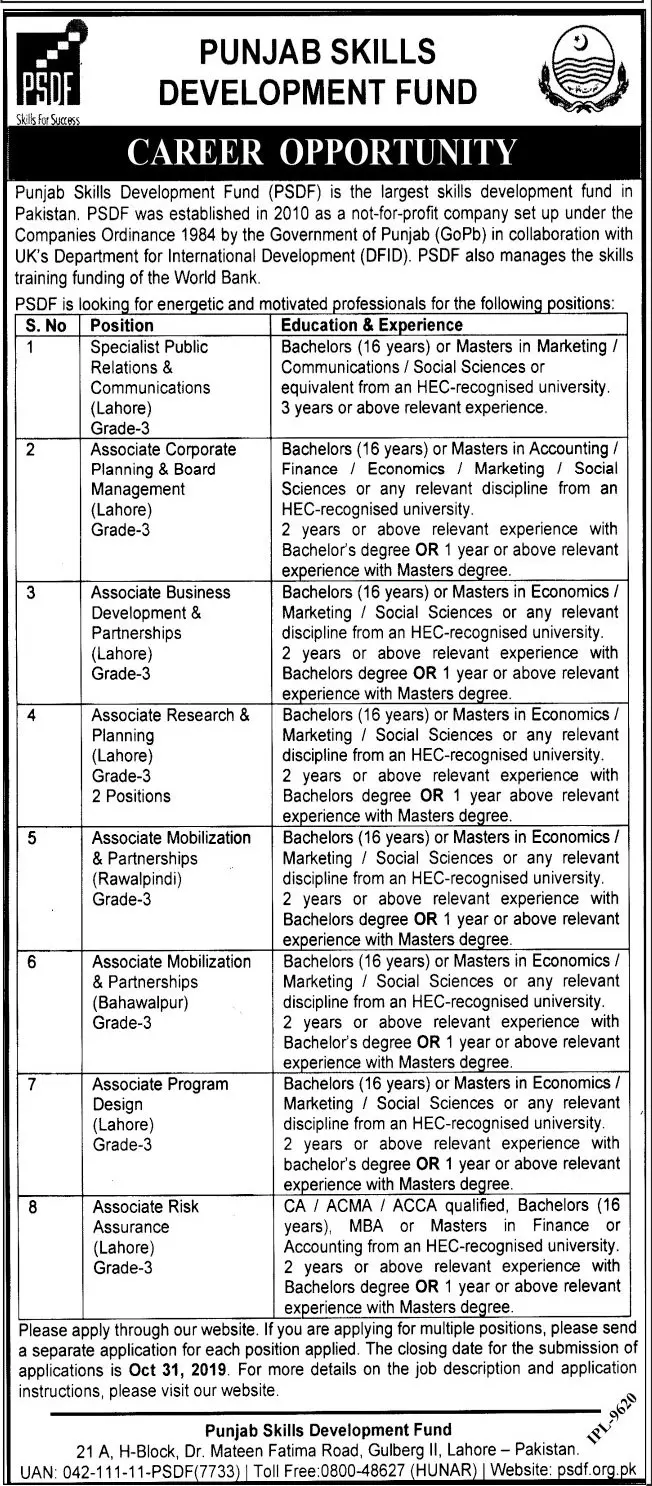 Jobs Punjab Skill Development Fund Lahore – Punjab Skills Development Fund Jobs 2019 — original advertisement