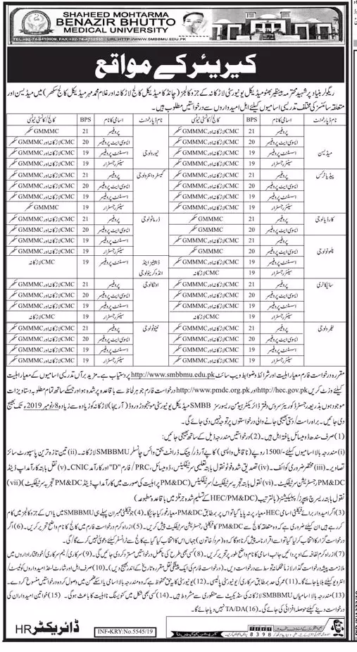Jobs Shaheed Benazir Bhutto Medical University Larkana Sindh – Shaheed Mohtarma Benazir Bhutto Medical University Larkana Jobs 2019 — original advertisement