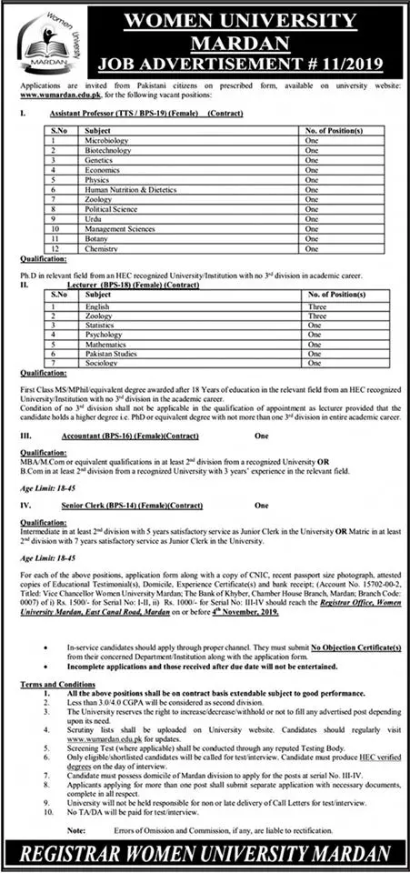 Jobs Women University Mardan – Women University Mardan Kpk Jobs 2019 — original advertisement
