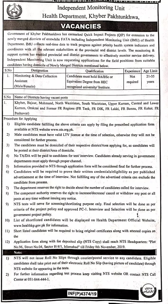 Jobs independent Monitoring Unit Health Department Kpk Jobs 2019 — original advertisement