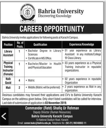 Jobs Bahria University Karachi Campus Jobs 2019 — original advertisement