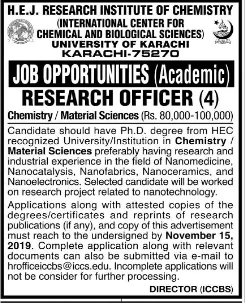 HEJ Research Institute University of Karachi Jobs 2019 — original advertisement
