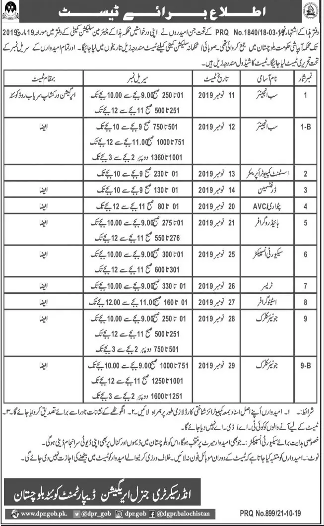 Interview Test Schedule Irrigation Deptt Balochistan – Irrigation Department Balochsitan Jobs 2019 — original advertisement