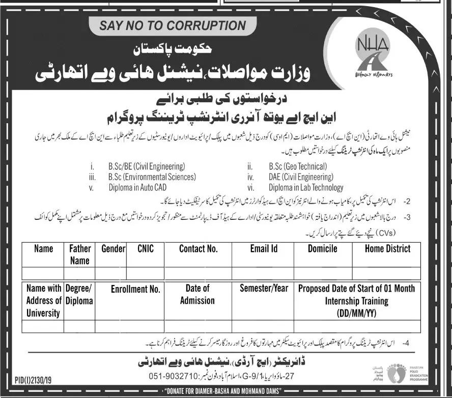 Internship in National Highway Authority of Pakistan – National Highway Authority Islamabad Jobs 2019 — original advertisement