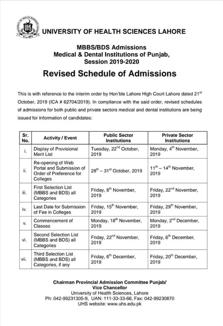 Schedule MBBS/BDS University of Health Sciences Lahore Jobs 2019 — original advertisement