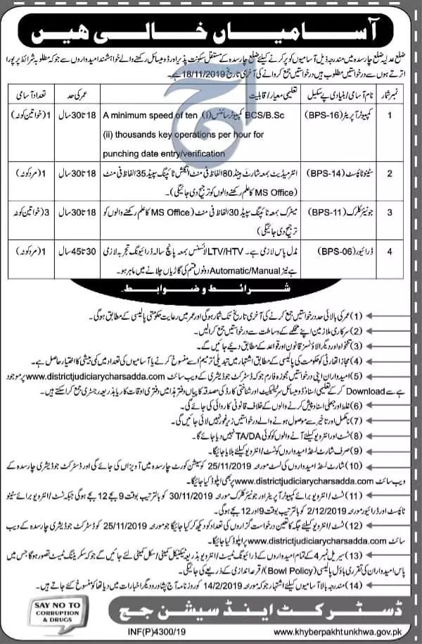 Jobs District And Sessions Judge Charsadda – District And Sessions Judge , Charsadda Jobs 2019 — original advertisement