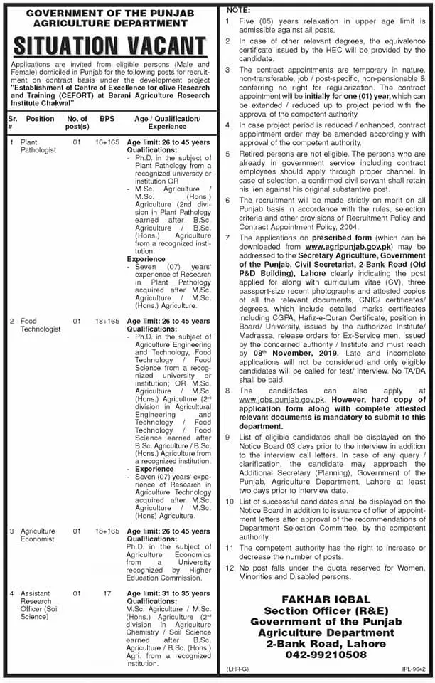 Jobs Agriculture Department Punjab Jobs 2019 — original advertisement
