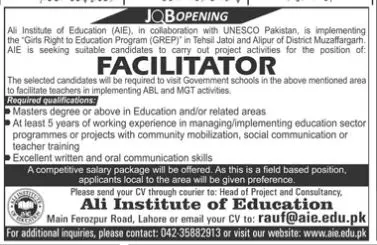 Jobs Ali Institute of Education Lahore (District Muzfargarh) Jobs 2019 — original advertisement