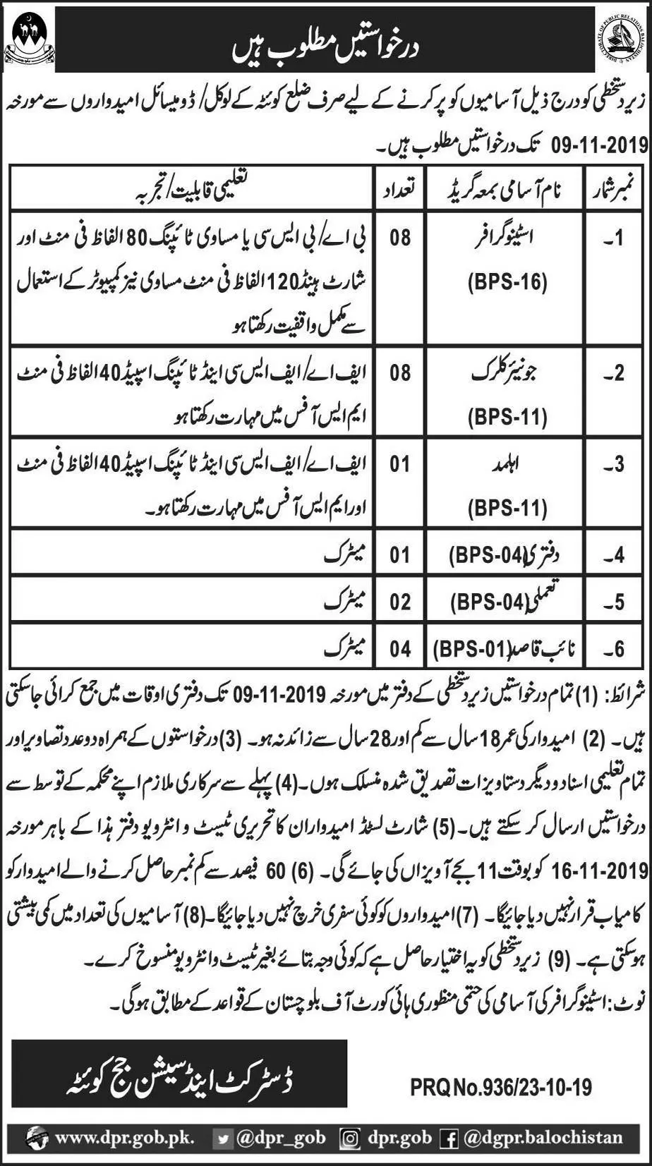 Jobs District & Session Judge Quetta Jobs 2019 — original advertisement