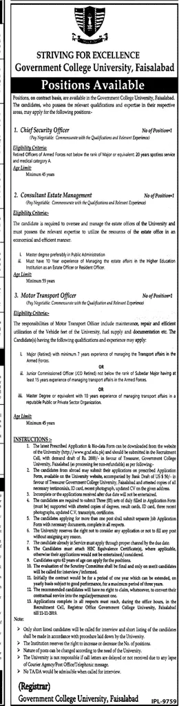 Jobs Government College University Faisalabad – Govt College university Faisalabad Jobs 2019 — original advertisement