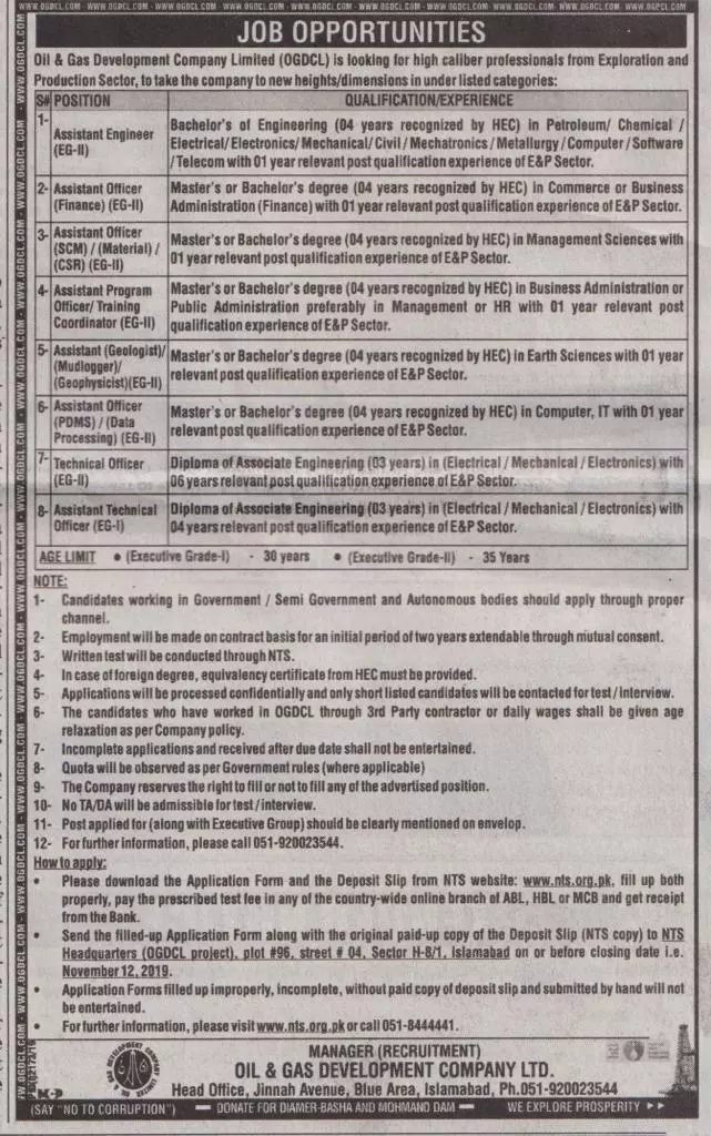 Jobs Oil & Gas Development Company Limited (OGDCL) – Oil & Gas Development Company LTD Jobs 2019 — original advertisement