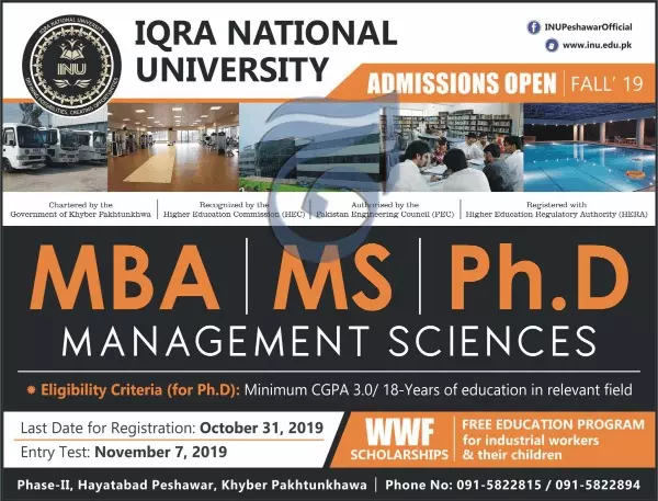 Admissions Fall-2019 Iqra National University Peshawar – IQRA National University Pesawar Admissions 2019 — original advertisement