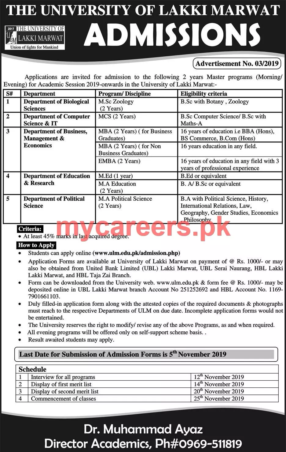 Admissions University of Lakki Marwat Admissions 2019 — original advertisement