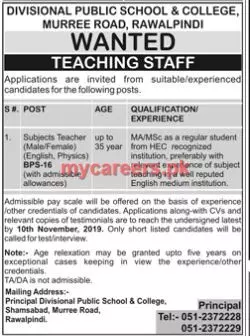Jobs Divisional Public School and College Rawalpindi Jobs 2019 — original advertisement