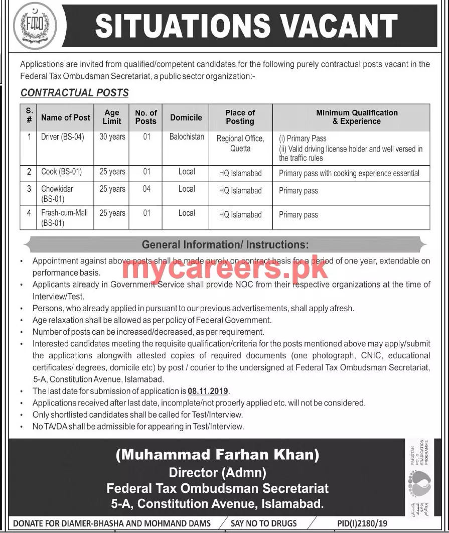 Jobs Balochistan Federal Tax Ombudsman Secretariat – Federal Tax Ombudsman Secretariat Pakistan Islamabad Jobs 2019 — original advertisement