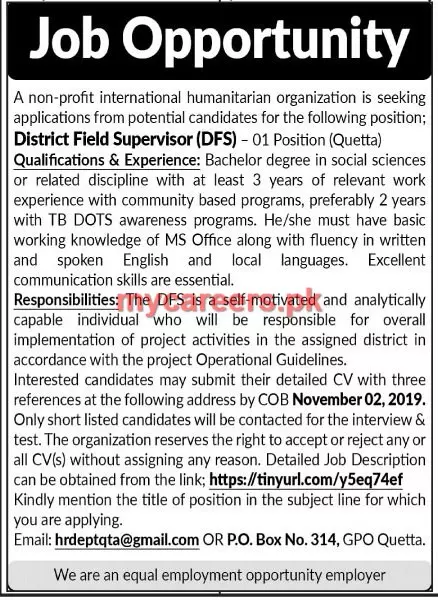 Jobs Non-Profit-Organization Quetta – Non-Profit Organization Jobs 2019 — original advertisement