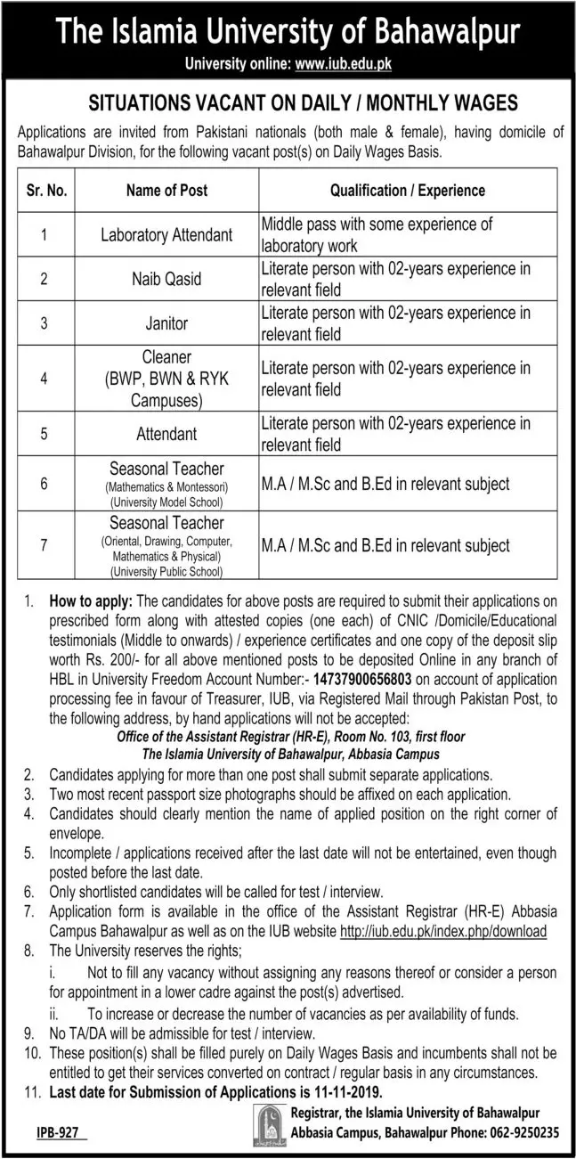 Jobs  Islamia University of Bahawalpur – Islamia University Bahawalpur Jobs 2019 — original advertisement