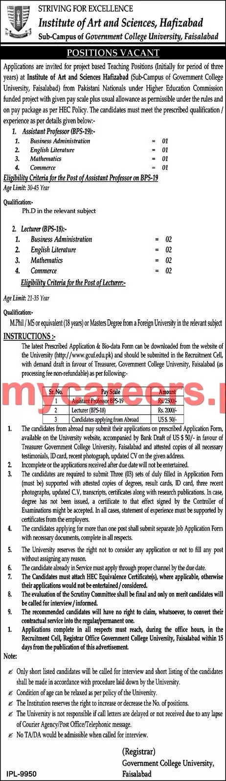 Jobs Institute of Art & Sciences Hafizabad Jobs 2019 — original advertisement