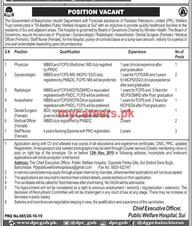 Jobs Public Welfare Hospital Sui Balochsitan – Health Department Balochsitan Jobs 2019 — original advertisement