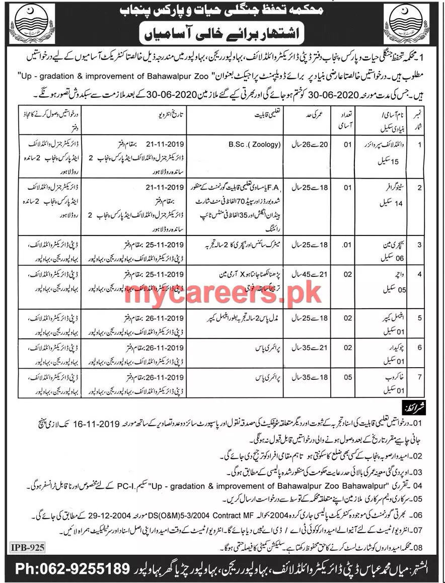 Jobs Wildlife Department Punjab – Forest Wildlife & Fishries Department Punjab Jobs 2019 — original advertisement