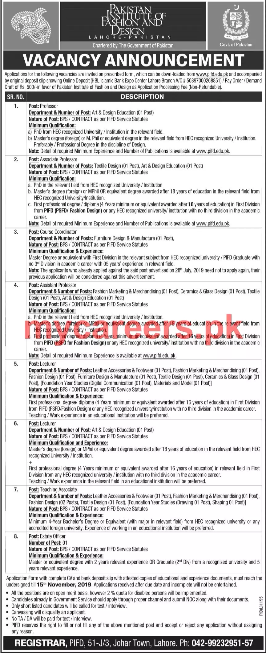 Jobs Pakistan Institute of Fashion and Design Lahore – Pakistan Institute of Fashion and Design PIFD Lahore Jobs 2019 — original advertisement