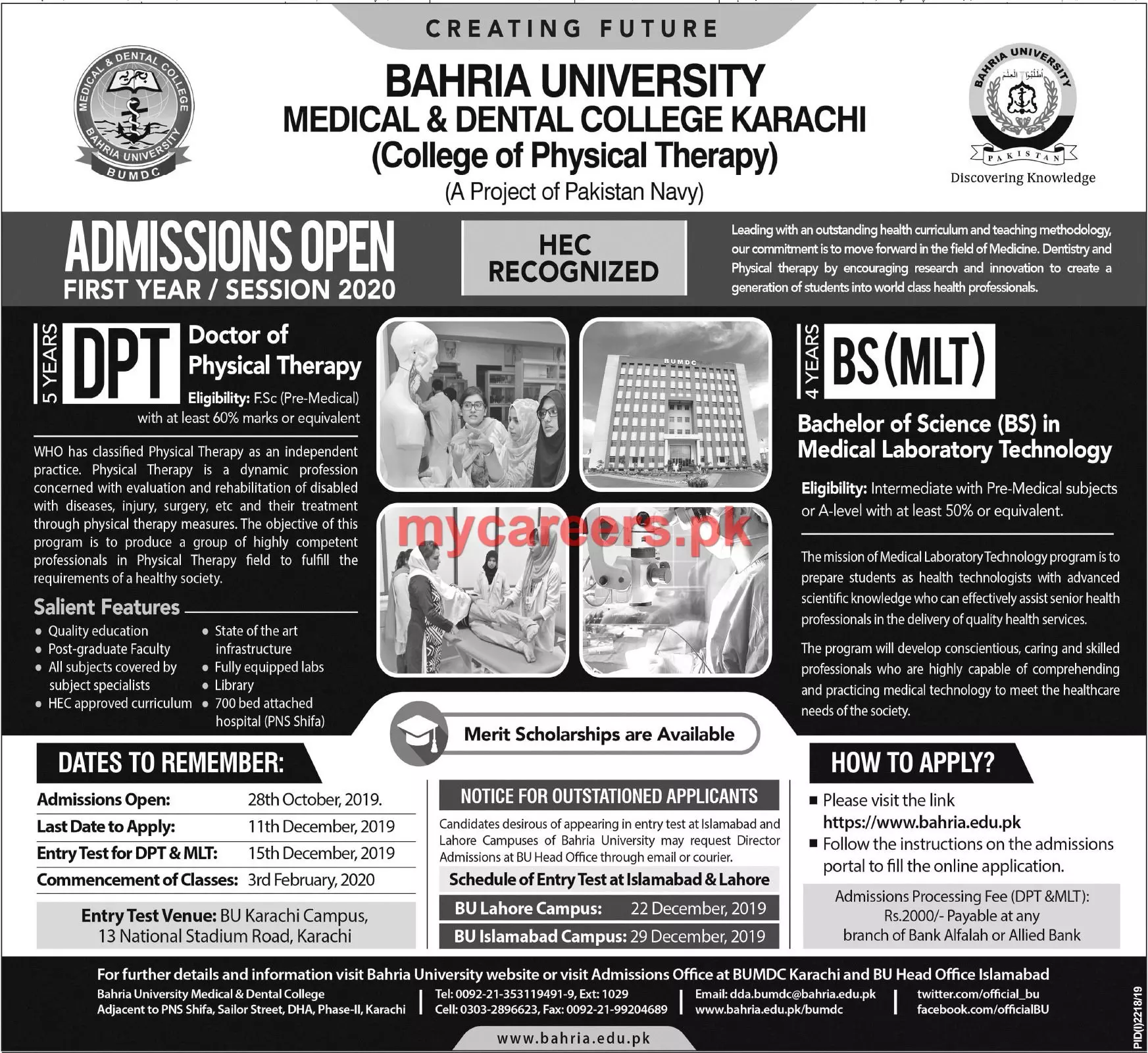 Admissions Bahria University Medical And Dental Karachi – Bahria University Medical & Dental College Karachi Admissions 2019 — original advertisement