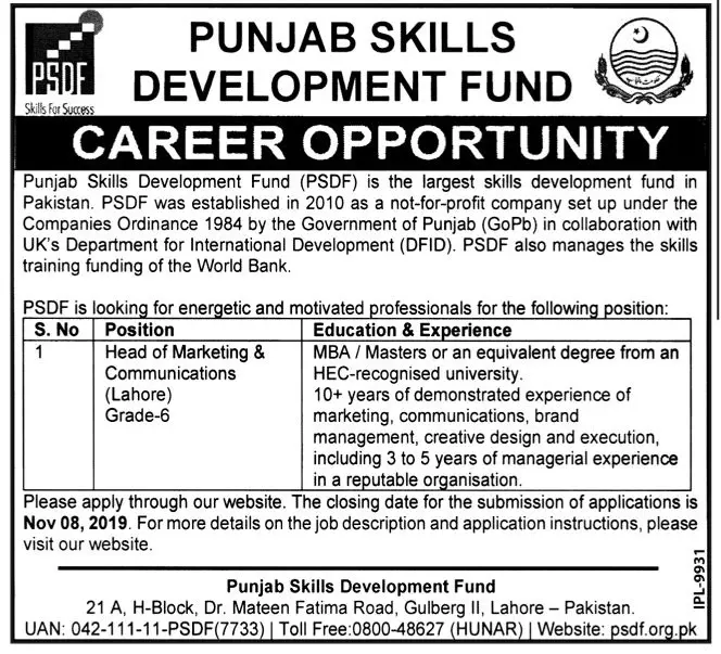 Jobs Punjab Skill Development Fund Lahore – Punjab Skills Development Fund Jobs 2019 — original advertisement
