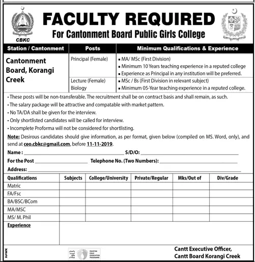 Jobs Cantonment Board Public Girls College Karachi Jobs 2019 — original advertisement