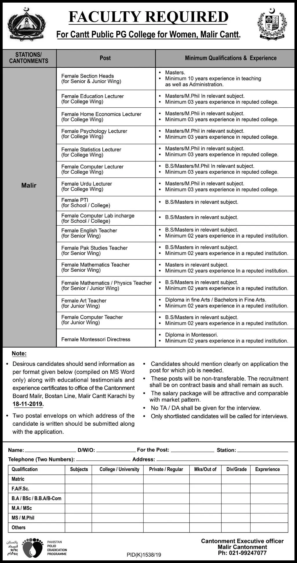 Jobs Cantt Public PG College for Women, Malir Cantt Karachi – Cantonment Board Jobs 2019 — original advertisement