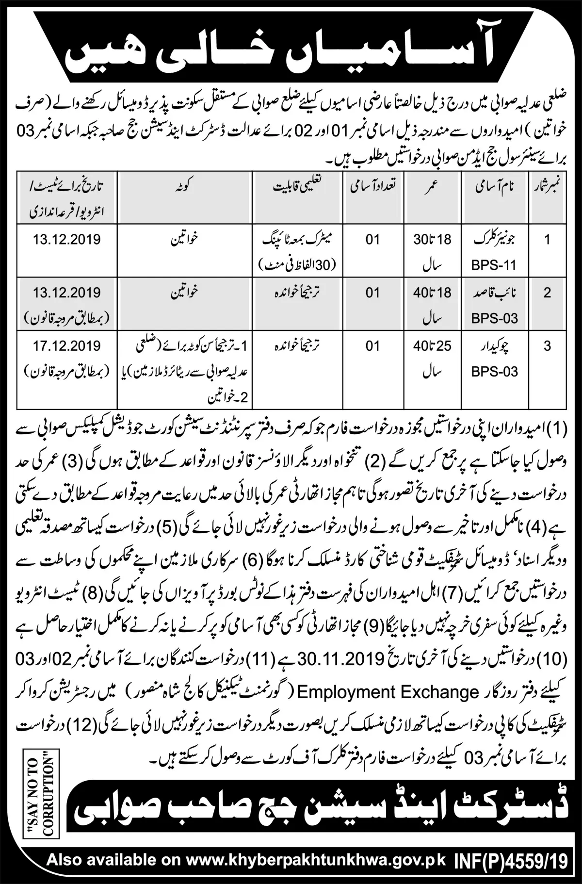 Jobs District Session Judge Swabi Kpk Jobs 2019 — original advertisement