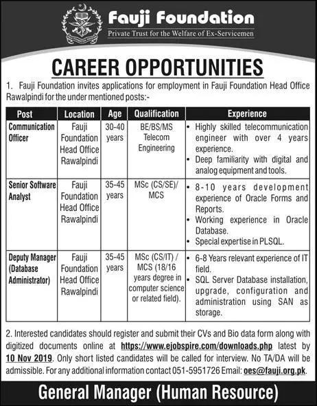 Jobs Fauji Foundation Rawalpindi Jobs 2019 — original advertisement
