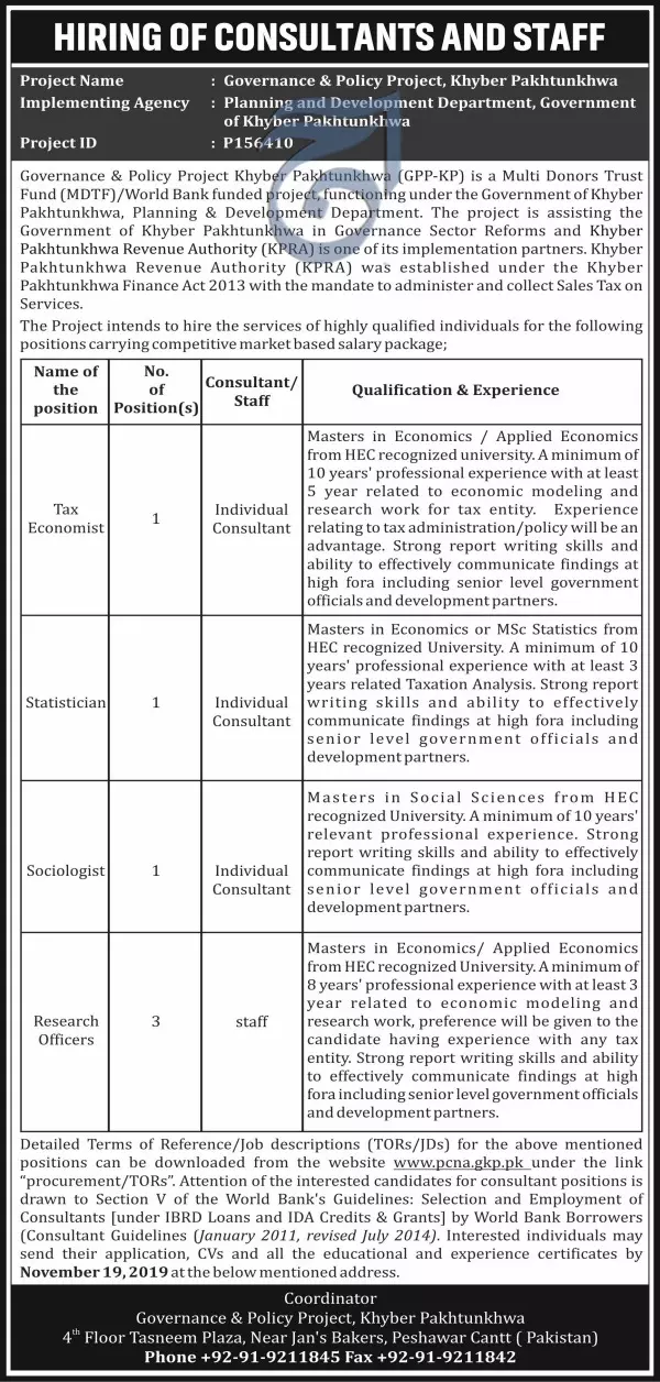 Jobs Governance and Policy Program for Khyber Pakhtunkhwa Jobs 2019 — original advertisement