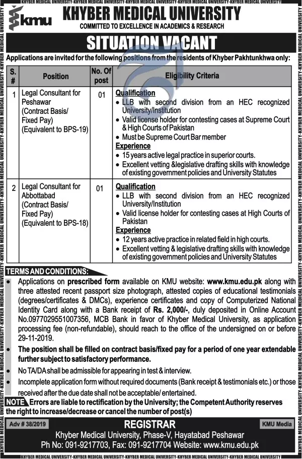 Jobs Khyber Medical University (KMU) Peshawar – Khyber Medical University Peshawar Jobs 2019 — original advertisement