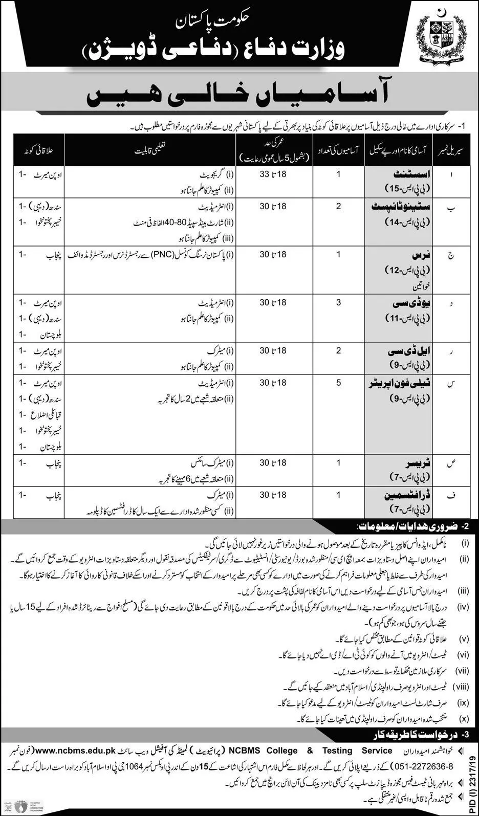 Jobs Ministry of Defense Islamabad – Ministry of Defence Pakistan Jobs 2019 — original advertisement