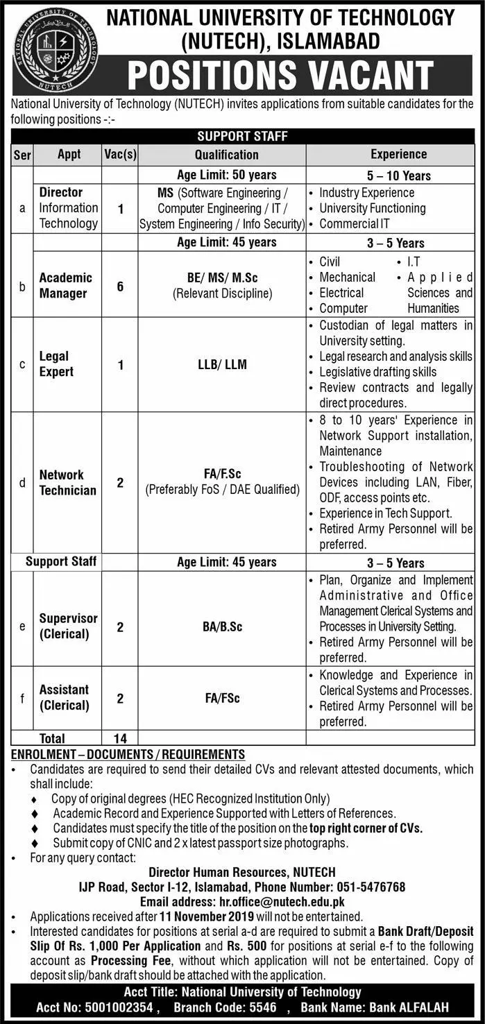 Jobs National University of Technology NUTECH Islamabad Jobs 2019 — original advertisement
