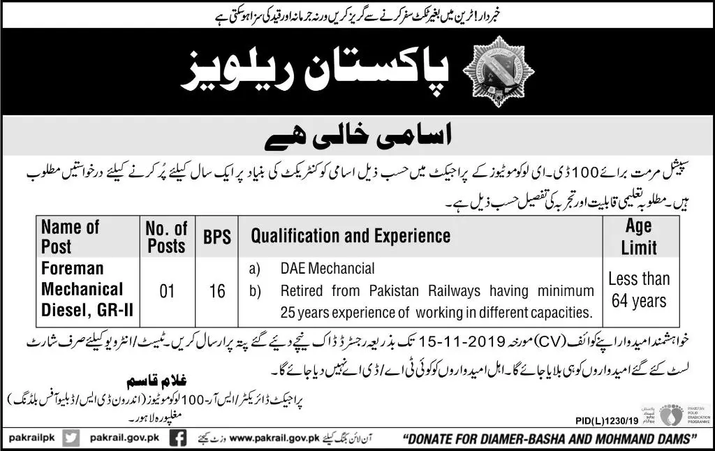 jobs Pakistan Railways – Ministry of Railways Islamabad Jobs 2019 — original advertisement