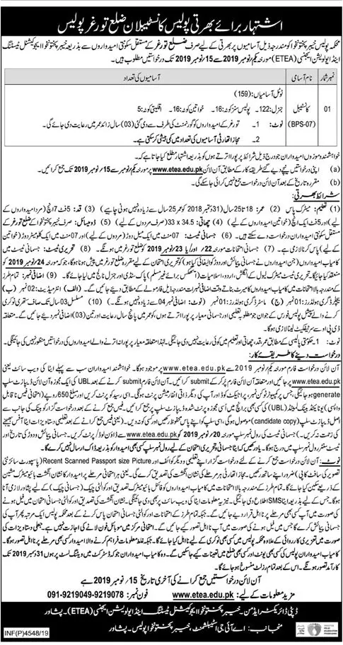 Jobs Police Department Toarghar Kpk – Police Department KPK Jobs 2019 — original advertisement