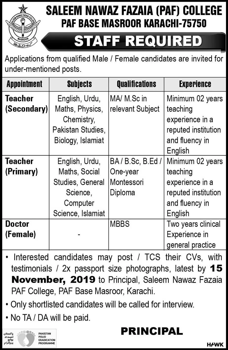 Jobs Saleem Nawaz Fazia College Karachi – Fazaia Schools & Colleges Jobs 2019 — original advertisement