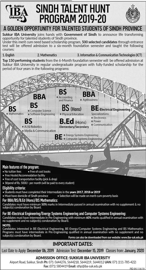 Sindh Talent Hunt Program Admissions Graduation Programs – Sukkur IBA University Admissions 2019 — original advertisement