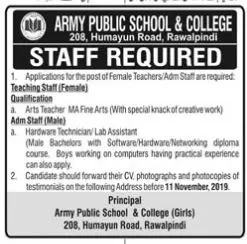 Jobs Army Public School And College Rawalpindi Jobs 2019 — original advertisement