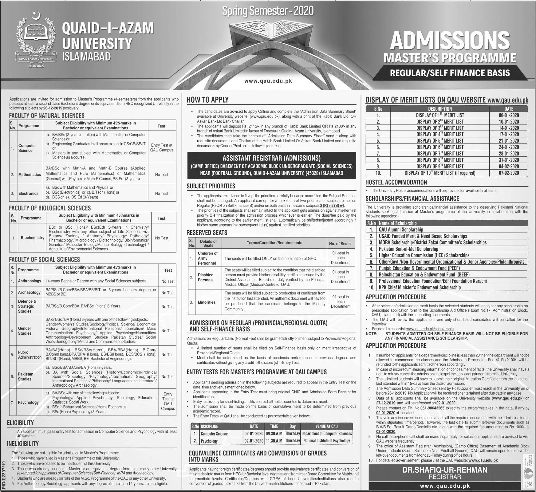 Admissions Quaid-i-Azam University Islamabad Session 2020 – Quaid-i-Azam University, Islamabad , Pakistan Admissions 2019 — original advertisement