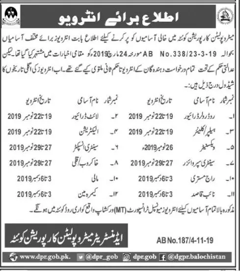 Interview Schedule Metropolitan Corporation Quetta Jobs 2019 — original advertisement