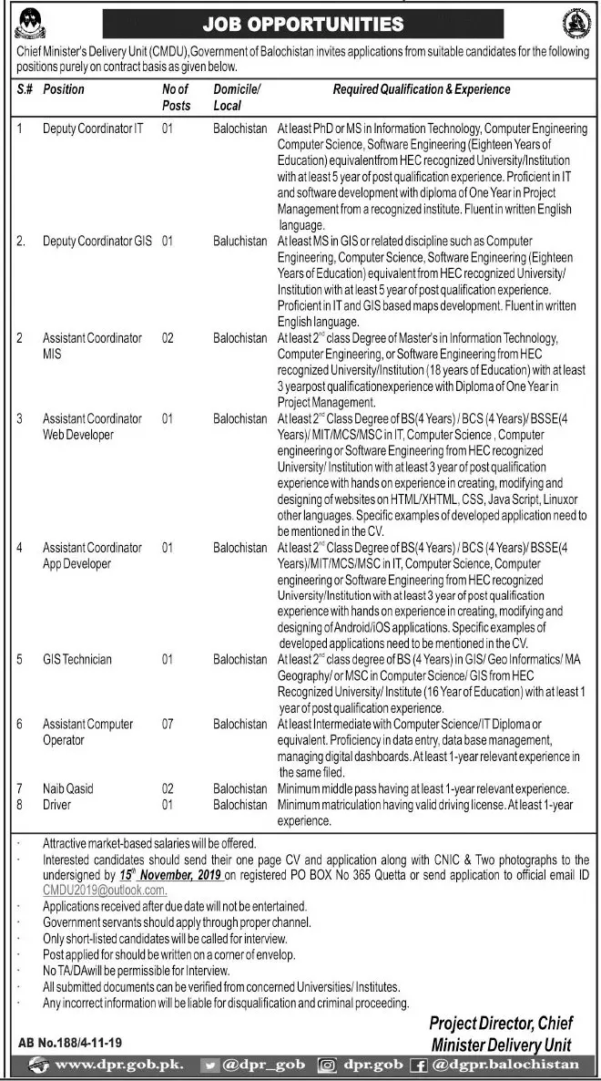 Jobs Chief Minister Delivery Unit Balochistan Jobs 2019 — original advertisement