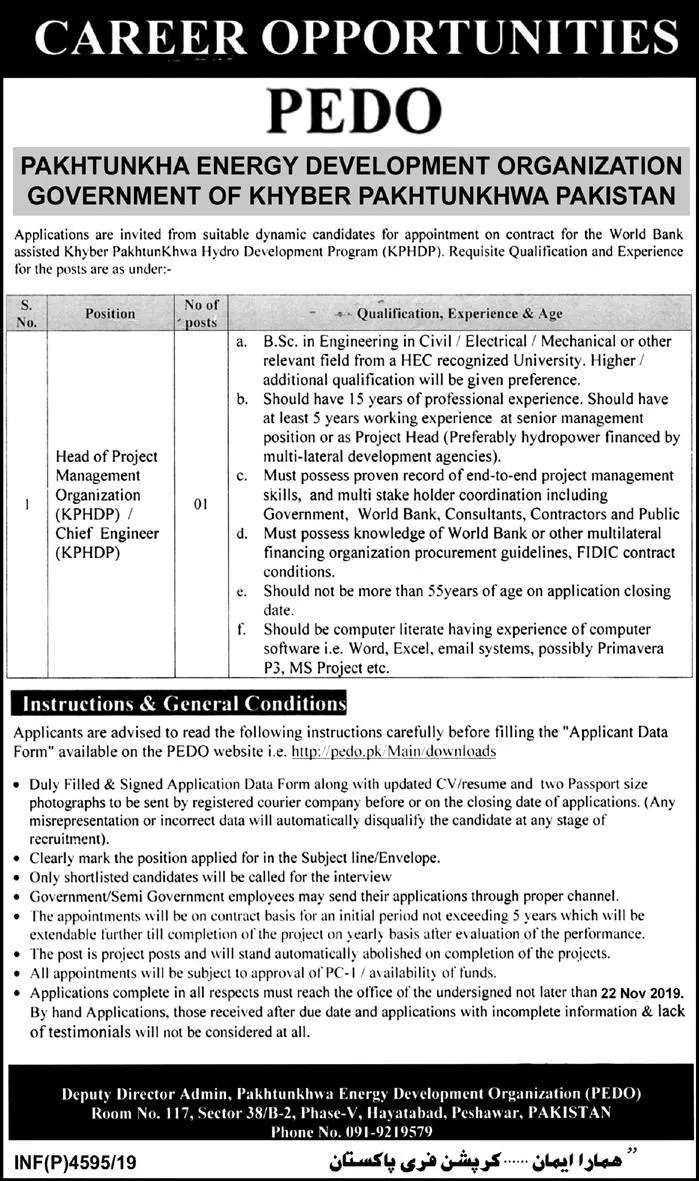 Jobs Kpk Energy Development Organization PEDO Peshawar – Khyber Pakhtunkhwa Energy Development Organization Jobs 2019 — original advertisement